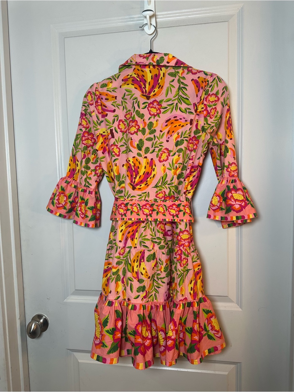 FARM RIO Painted Bananas Organic Cotton Ruffle Belted Mini Dress - Size XS - Picture 10 of 13